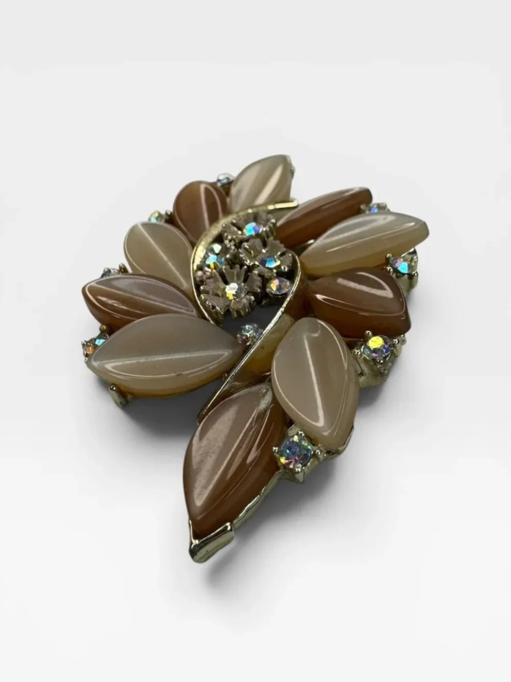 Lisner Lucite Leaf Brooch AB Crystal Floral Spray Pin Gold Tone